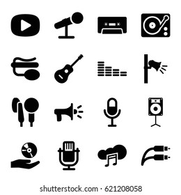 Audio icons set. set of 16 audio filled icons such as equalizer, microphone, pin microphone, cassette, gramophone, guitar, megaphone, music cloud, earphone wire, CD on hand