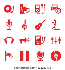 Audio icons set. set of 16 audio filled icons such as volume, equalizer, mp3 player, cd, pause, microphone, guitar, megaphone, car music, earphones, gramophone