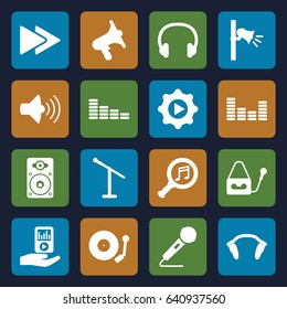 Audio icons set. set of 16 audio filled icons such as equalizer, volume, microphone, fast forward, loudspeaker, megaphone, mp3 player on hand, earphones, serach music