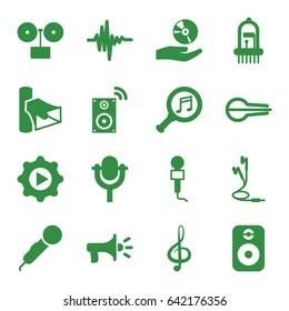 Audio icons set. set of 16 audio filled icons such as microphone, volume, treble clef, musical instrument, music equalizer, earphones, serach music, play in gear, cd on hand