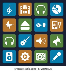 Audio icons set. set of 16 audio filled icons such as volume, mp3 player, treble clef, loud speaker set, cd, eject button, gramophone, guitar, music equalizer, play in gear