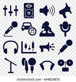 Audio icons set. set of 16 audio filled icons such as volume, equalizer, microphone, loudspeaker, car music, earphones, headset, megaphone, dj, gramophone