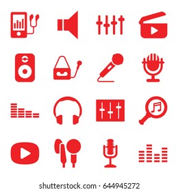 Audio icons set. set of 16 audio filled icons such as equalizer, mp3 player, microphone, megaphone, sliders, serach music, speaker, play