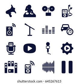 Audio icons set. set of 16 audio filled icons such as microphone, volume, loud speaker set, pause, mp3 player, car music, equalizer, play in gear, music loudspeaker, play, dj