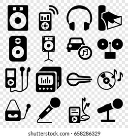 Audio icons set. set of 16 audio filled icons such as disc on fire, volume, microphone, musical instrument, mp3 player, car music, loud speaker with equalizer, loudspeaker