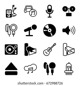 Audio icons set. set of 16 audio filled and outline icons such as volume, microphone, cd, eject button, gramophone, mp3 player, guitar, car music, music cloud
