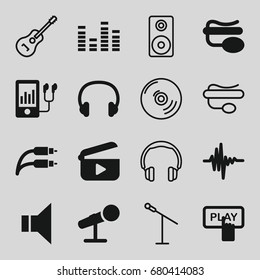 Audio icons set. set of 16 audio filled and outline icons such as finger pressing play button, pin microphone, equalizer, mp3 player, megaphone, music equalizer, earphone wire