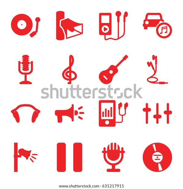 Audio icons set. set of 16 audio\
filled icons such as volume, equalizer, mp3 player, cd, pause,\
microphone, guitar, megaphone, car music, earphones,\
gramophone