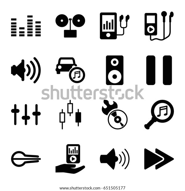 Audio icons set. set of 16\
audio filled icons such as disc flame, volume, equalizer, mp3\
player, musical instrument, pause, fast forward, car music, mp3\
player on hand