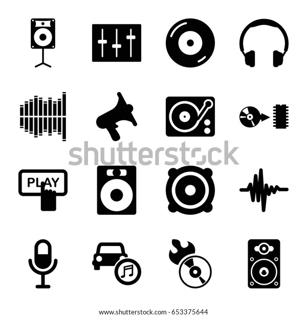 Audio icons set. set of\
16 audio filled icons such as finger pressing play button, disc on\
fire, disc flame, volume, microphone, speaker, sliders, gramophone,\
loudspeaker