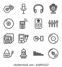 Audio icons set. set of 16 audio outline icons such as equalizer, disc on fire, microphone, mp3 player, loud speaker with equalizer, disc, musical instrument, headset, speaker