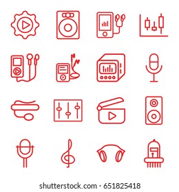 Audio icons set. set of 16 audio outline icons such as microphone, pin microphone, mp3 player, sliders, earphones, loud speaker with equalizer, play in gear