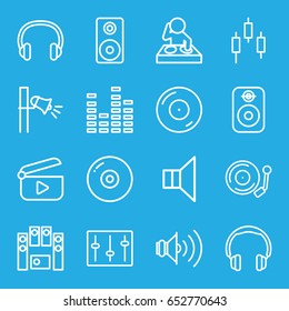 Audio icons set. set of 16 audio outline icons such as disc on fire, equalizer, megaphone, loud speaker set, sliders, gramophone, loudspeaker, volume, headset, speaker, play