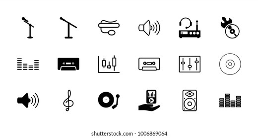 Audio icons. set of 18 editable filled and outline audio icons: microphone, disc flame, volume, cassette, mp3 player on hand, gramophone, listening device, panel control
