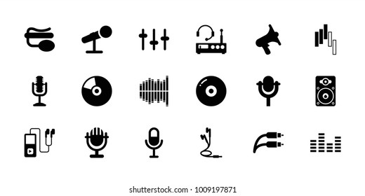 Audio icons. set of 18 editable filled audio icons: disc, volume, equalizer, microphone, pin microphone, loudspeaker, earphones, earphone wire, cd, listening device