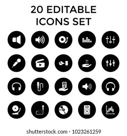 Audio icons. set of 20 editable filled audio icons such as microphone, headphones, volume, equalizer, cd, loudspeaker. best quality audio elements in trendy style.