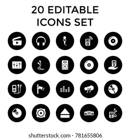 Audio icons. set of 20 editable filled audio icons such as disc, headphones, mp3 player, disc on fire, microphone, speaker, cd. best quality audio elements in trendy style.
