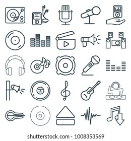Audio icons. set of 25 editable outline audio icons such as eating mouth, microphone, disc on fire, treble clef, musical instrument, speaker, cd, eject button, equalizer