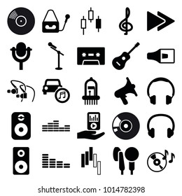 Audio icons. set of 25 editable filled audio icons such as equalizer, treble clef, headphones, control panel, disc on fire, volume, microphone, fast forward, guitar, car music