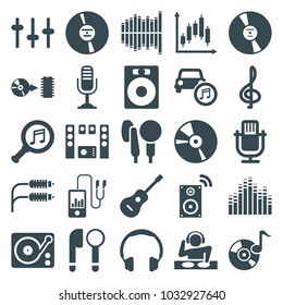 Audio icons. set of 25 editable filled audio icons such as treble clef, speaker, microphone, headphones, equalizer, cd, gramophone, guitar, car music, serach music, disc