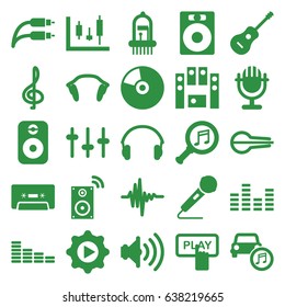 Audio icons set. set of 25 audio filled icons such as finger pressing play button, equalizer, musical instrument, loud speaker set, cassette, microphone, guitar