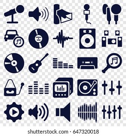 Audio icons set. set of 25 audio filled icons such as equalizer, microphone, volume, megaphone, cd, cassette, gramophone, guitar, music equalizer, car music