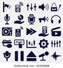 Audio icons set. set of 25 audio filled icons such as finger pressing play button, volume, equalizer, pin microphone, microphone, pause, eject button, fast forward, gramophone