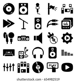 Audio icons set. set of 25 audio filled icons such as finger pressing play button, equalizer, disc on fire, disc flame, microphone, megaphone, loud speaker set, cd, cassette
