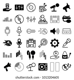 Audio icons. set of 36 editable filled and outline audio icons such as disc on fire, volume, microphone, pin microphone, gramophone, dj, equalizer, loud speaker set, cd