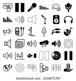 Audio icons. set of 36 editable filled and outline audio icons such as mp3 player, disc on fire, pause, microphone, music cloud, earphones, earphone wire, disc, speaker