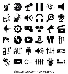 Audio icons. set of 36 editable filled audio icons such as gramophone, microphone, disc flame, megaphone, cd, cassette, pause, equalizer, record player, music equalizer