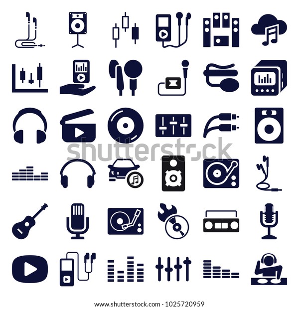 Audio icons. set of 36\
editable filled audio icons such as equalizer, speaker, panel\
control, control panel, mp3 player, disc on fire, disc flame, pin\
microphone