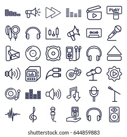 Audio icons set. set of 36 audio outline icons such as finger pressing play button, equalizer, disc on fire, microphone, volume, speaker, cassette, eject button, fast forward