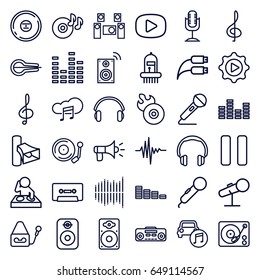 Audio icons set. set of 36 audio outline icons such as equalizer, disc on fire, disc flame, volume, microphone, treble clef, musical instrument, cd, cassette, pause