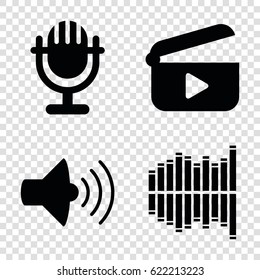 Audio icons set. set of 4 audio filled icons such as volume, equalizer, play
