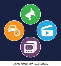 Audio icons set. set of 4 audio filled icons such as volume, car music, loud speaker with equalizer