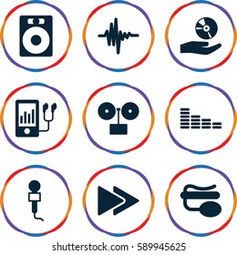 audio icons set. Set of 9 audio filled icons such as equalizer, microphone, pin microphone, mp3 player, fast forward, music equalizer, CD on hand, speaker