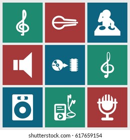 Audio icons set. set of 9 audio filled icons such as treble clef, megaphone, musical instrument, mp3 player, disc, microphone, speaker