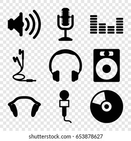 Audio icons set. set of 9 audio filled icons such as microphone, equalizer, earphones, volume, cd, speaker