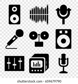 Audio icons set. set of 9 audio filled icons such as sliders, microphone, equalizer, loud speaker with equalizer, loudspeaker, speaker