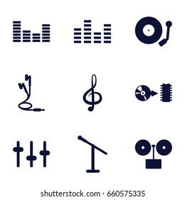 Audio icons set. set of 9 audio filled icons such as equalizer, treble clef, earphones, disc, gramophone