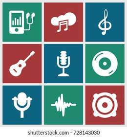 Audio icons set. set of 9 audio filled icons such as disc on fire, mp3 player, treble clef, speaker, microphone, guitar, music equalizer