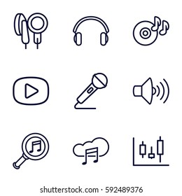 audio icons set. Set of 9 audio outline icons such as disc on fire, volume, microphone, music cloud, earphones, serach music, play