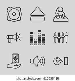 Audio icons set. set of 9 audio outline icons such as volume, equalizer, speaker, eject button, mp3 player on hand, disc, megaphone