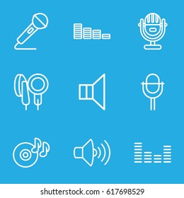 Audio icons set. set of 9 audio outline icons such as equalizer, disc on fire, volume, megaphone