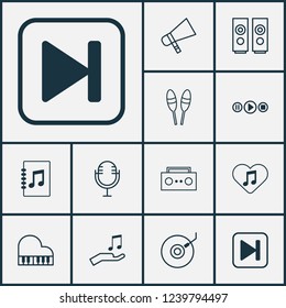 Audio icons set with audio buttons, microphone, megaphone and other skip song elements. Isolated vector illustration audio icons.