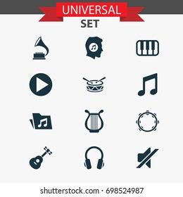 Audio Icons Set. Collection Of Barrel, Meloman, Start And Other Elements. Also Includes Symbols Such As Play, Gramophone, Harp.