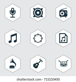 Audio Icons Set. Collection Of Barrel, Megaphone, Instrument And Other Elements. Also Includes Symbols Such As Mic, File, Mike.