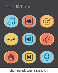 Audio Icons Set. Collection Of Bullhorn, Mike, Note And Other Elements. Also Includes Symbols Such As Note, Control, Melody.