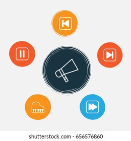 Audio Icons Set. Collection Of Bullhorn, Skip Song, Following Song And Other Elements. Also Includes Symbols Such As Forward, Rewind, Button.